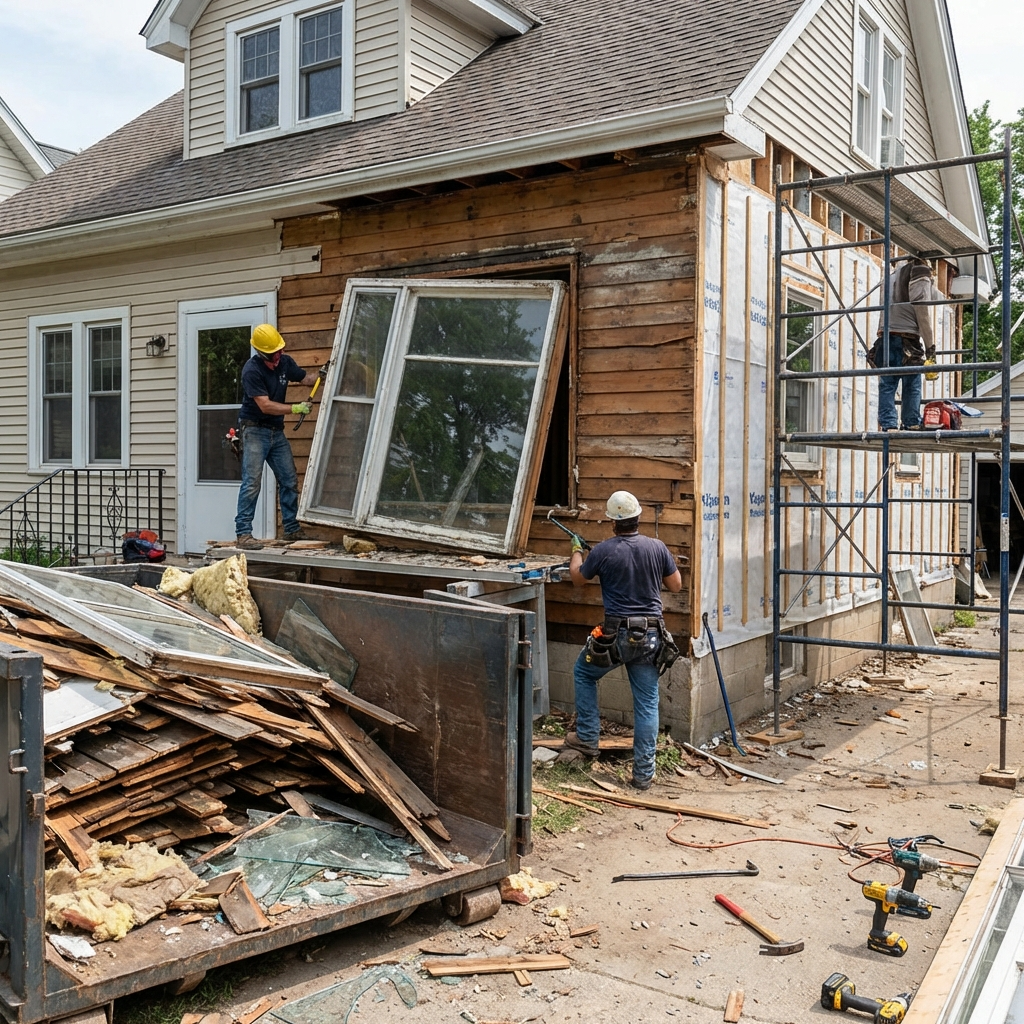 home renovation process showing removal of old window and exterior siding