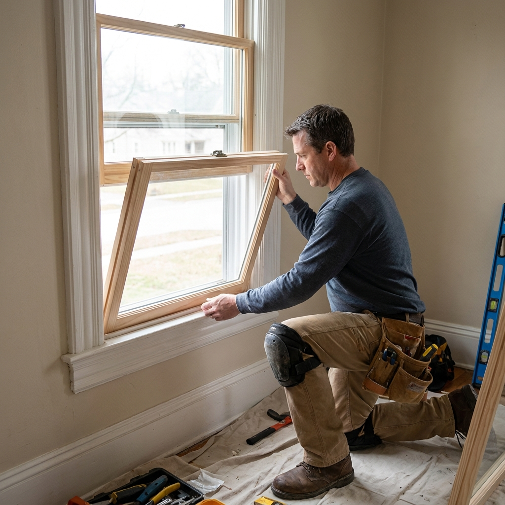 professional installer fitting a new sash into a double-hung window