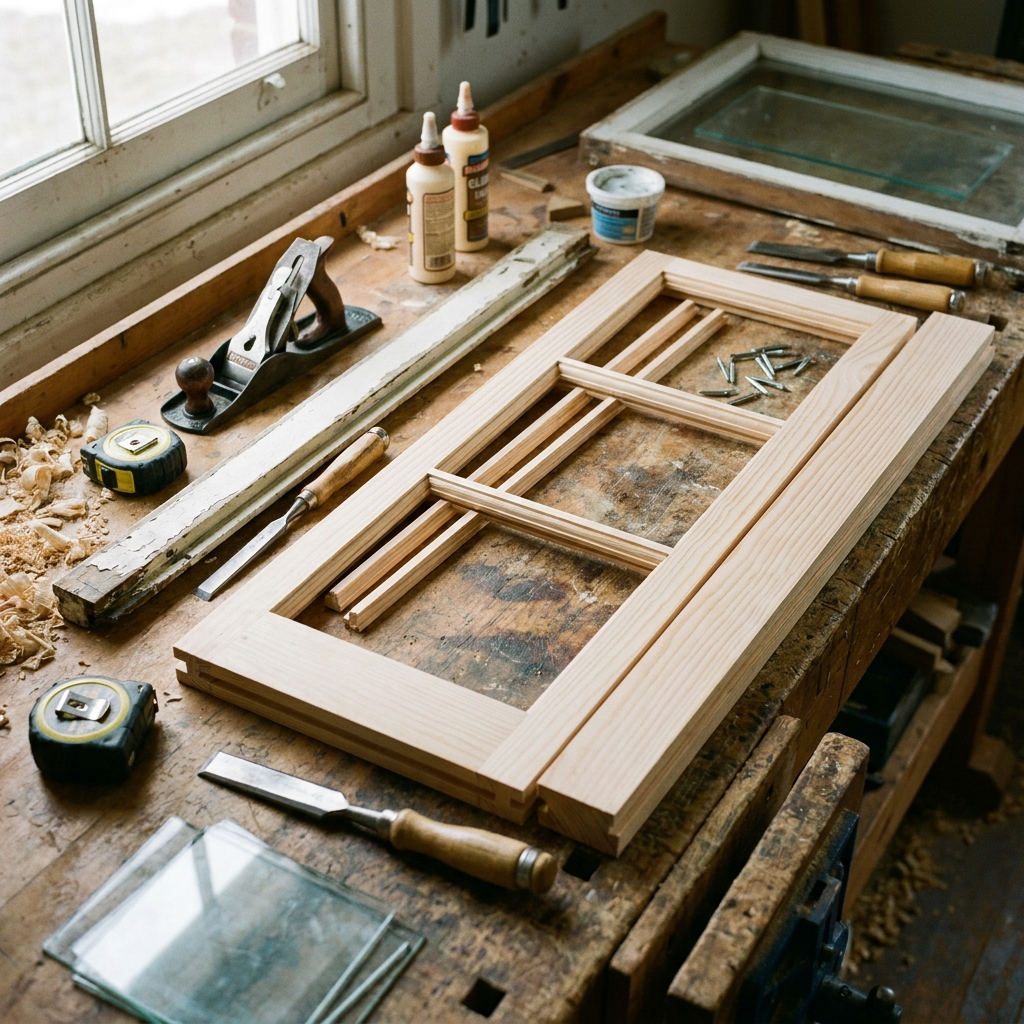 close-up image of a wooden window sash replacement components laid out on a workbench