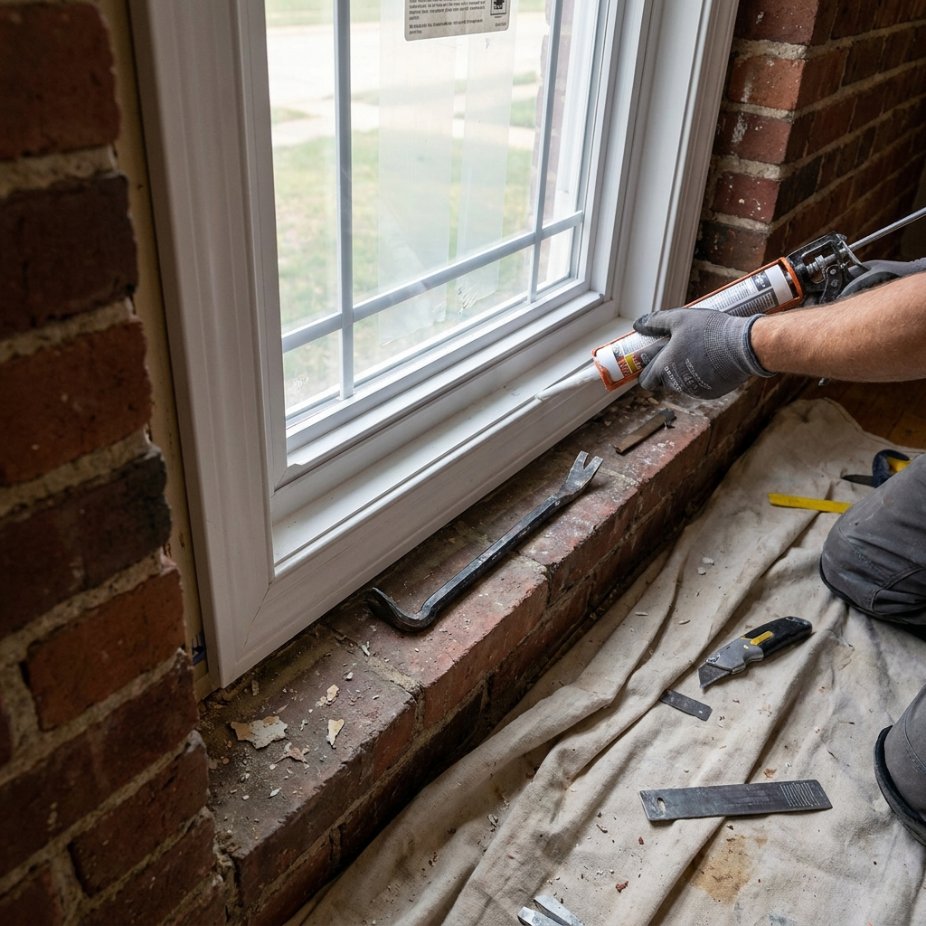 close-up of white replacement window installation with tools