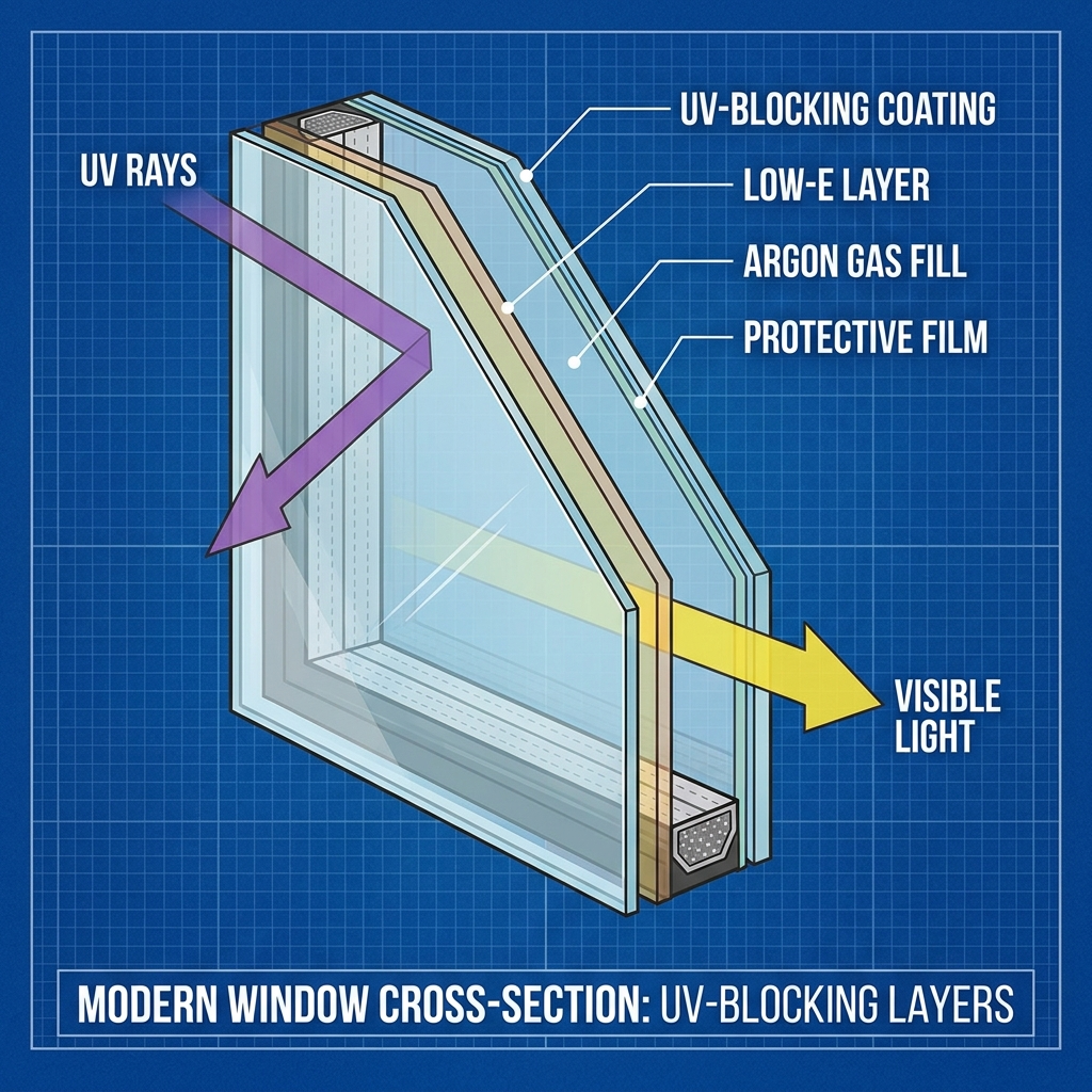 cross-section illustration of modern window showing UV-blocking layers