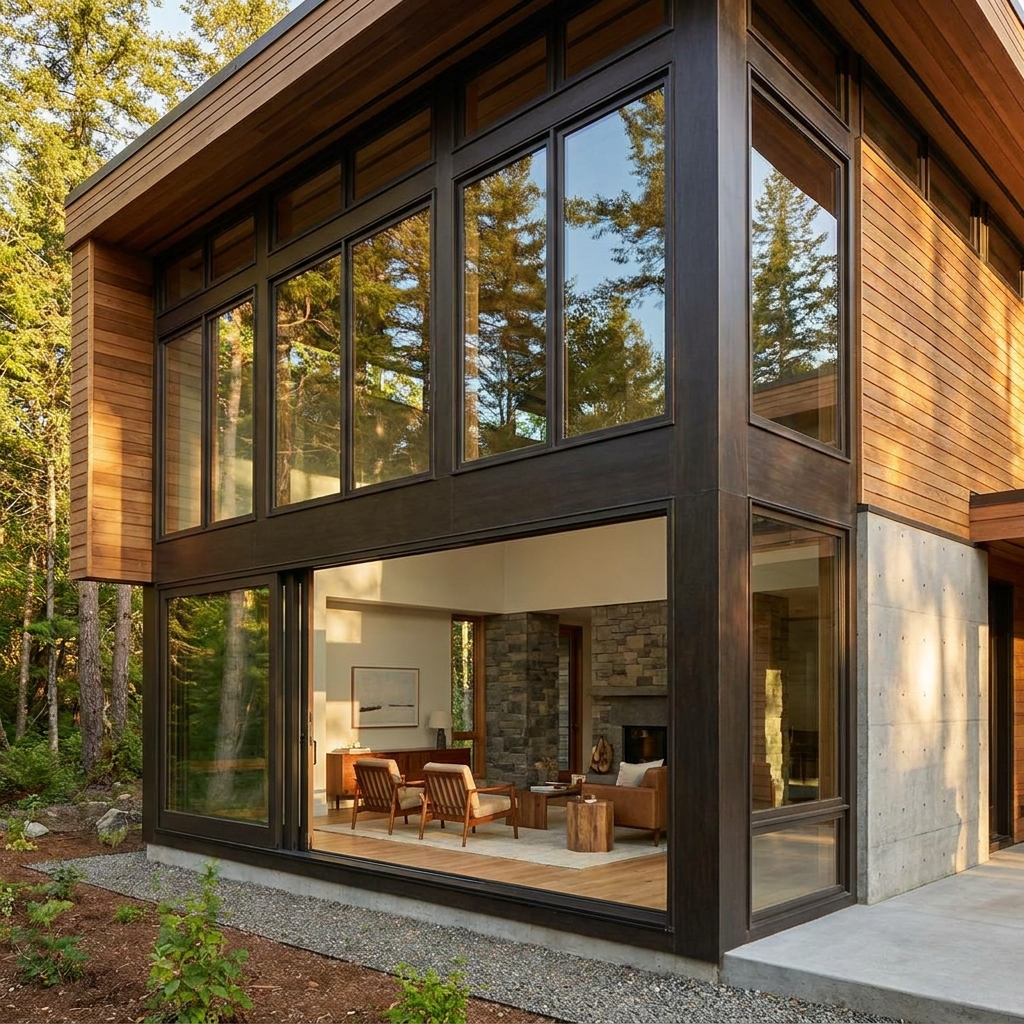 modern home with large fiberglass window frames in natural light