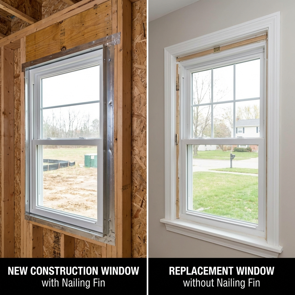 side-by-side comparison of new construction window with nailing fin and replacement window without nailing fin