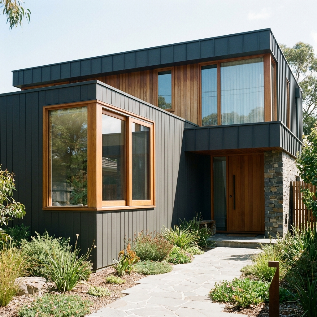 home exterior showing new wood-clad windows with contrasting dark aluminum cladding