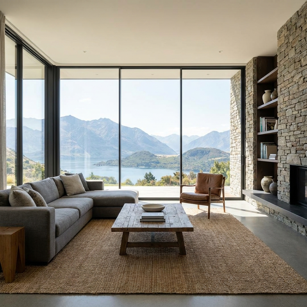 modern living room with large triple-pane windows offering clear outdoor view