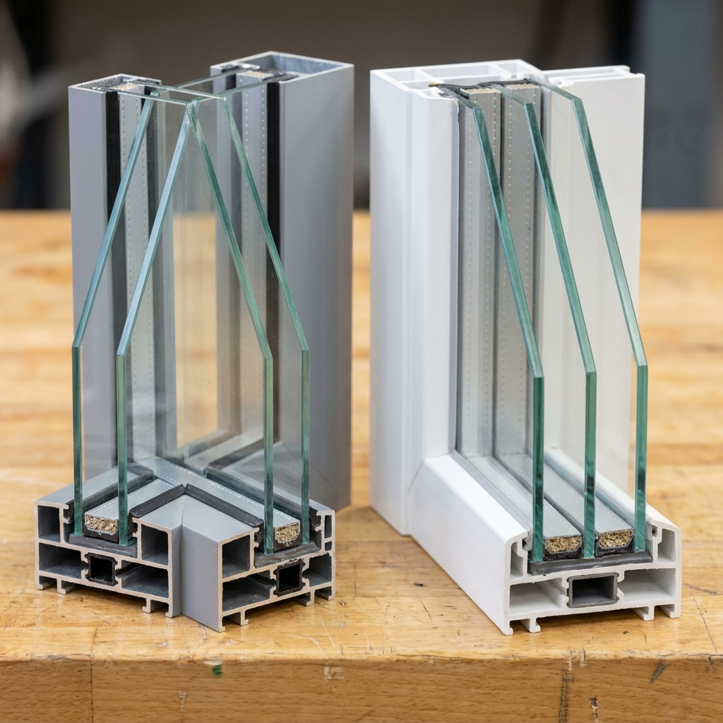 close-up of double-pane and triple-pane window cross-sections showing glass layers