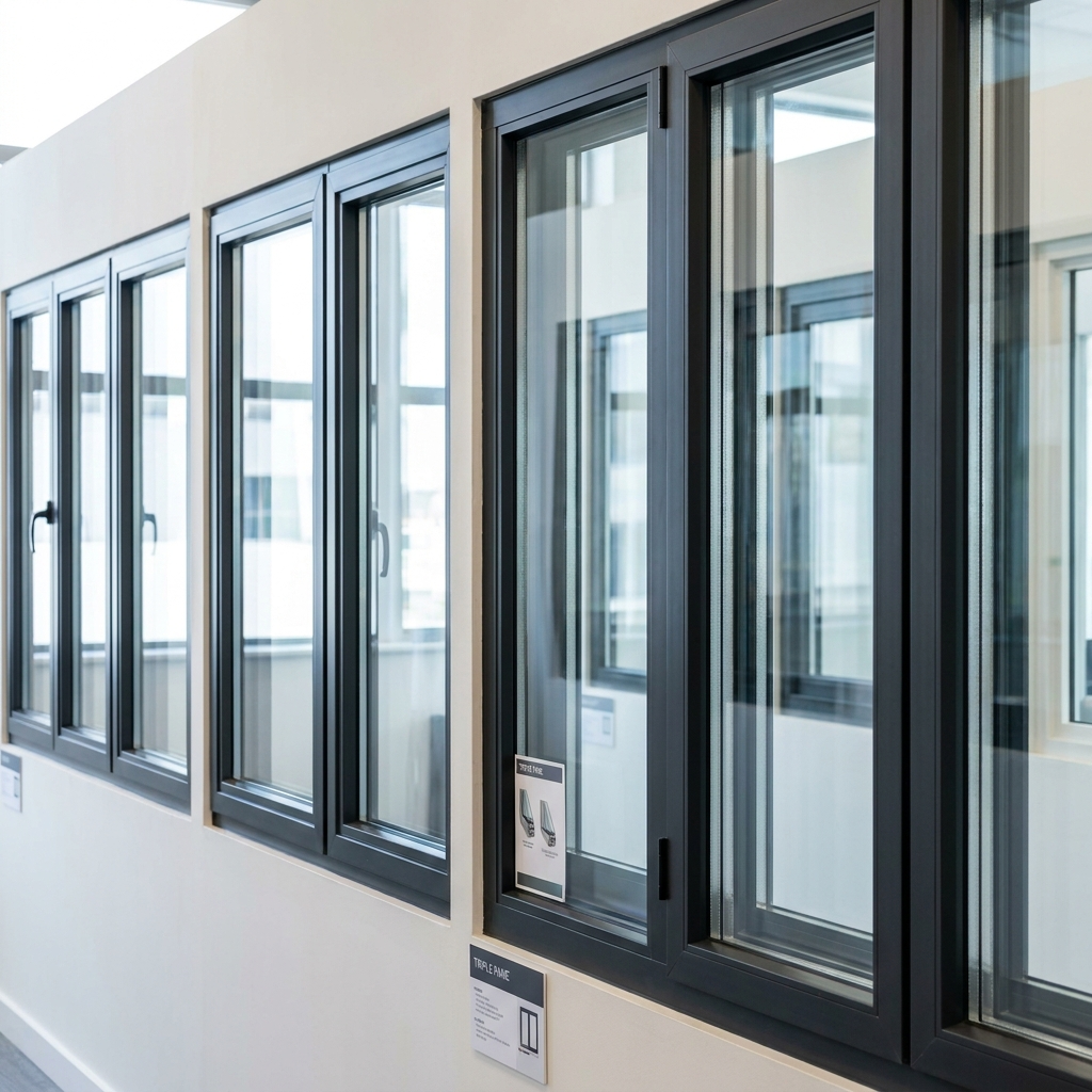 row of modern replacement windows with visible double and triple pane glass differences