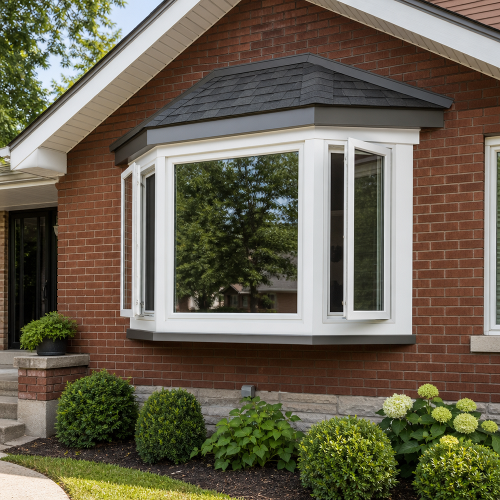 New 45-degree vinyl bay window with casement sides and a shingled rooflet on a red-brick St. Louis bungalow