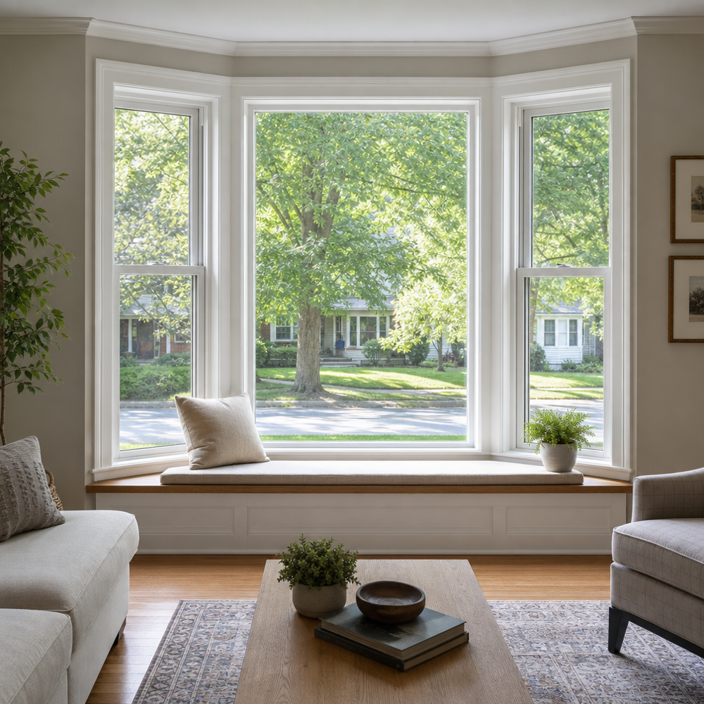 Interior bay window with 18-inch wood seatboard and double-hung side windows in a St. Louis living room