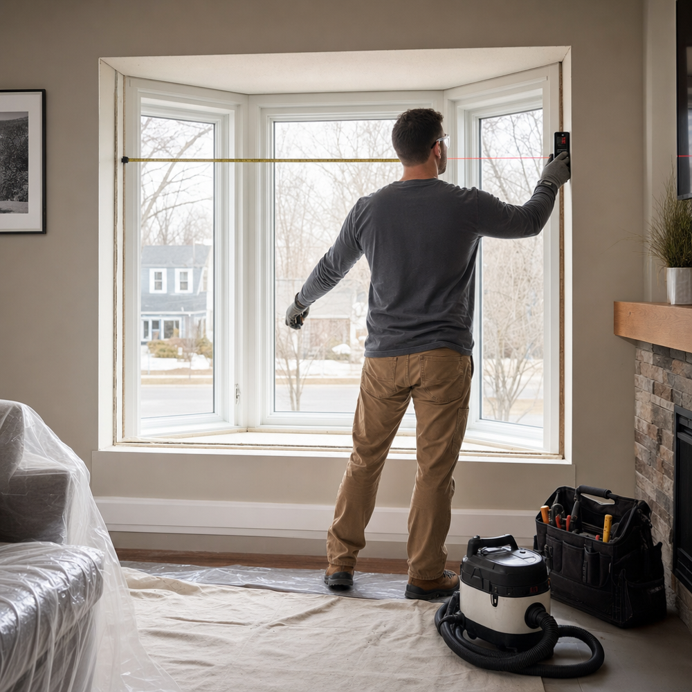 Installer measuring a living room window opening for a bay window with protective floor coverings and HEPA vacuum