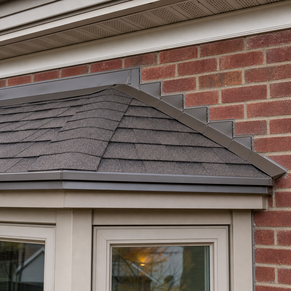 Close-up of shingled bay window rooflet with step flashing and color-matched aluminum capping on a brick exterior