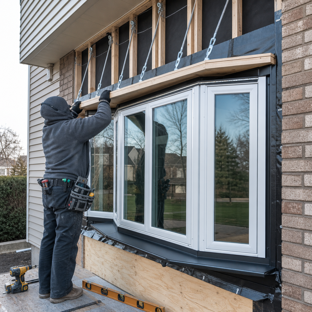 Window installer securing bow window head and seat board with overhead support rods and flashing during installation