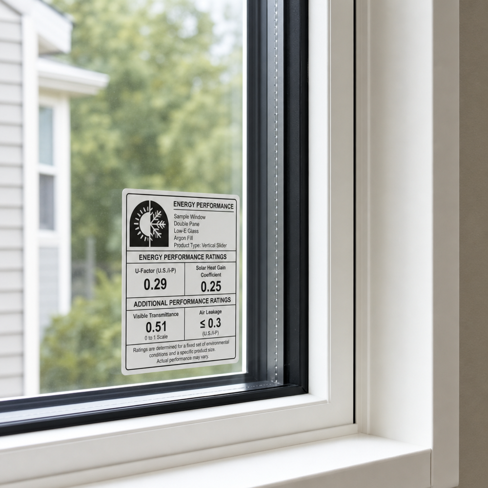 Close‑up of window corner with Low‑E double‑pane glass, warm‑edge spacer, and a generic NFRC energy rating label