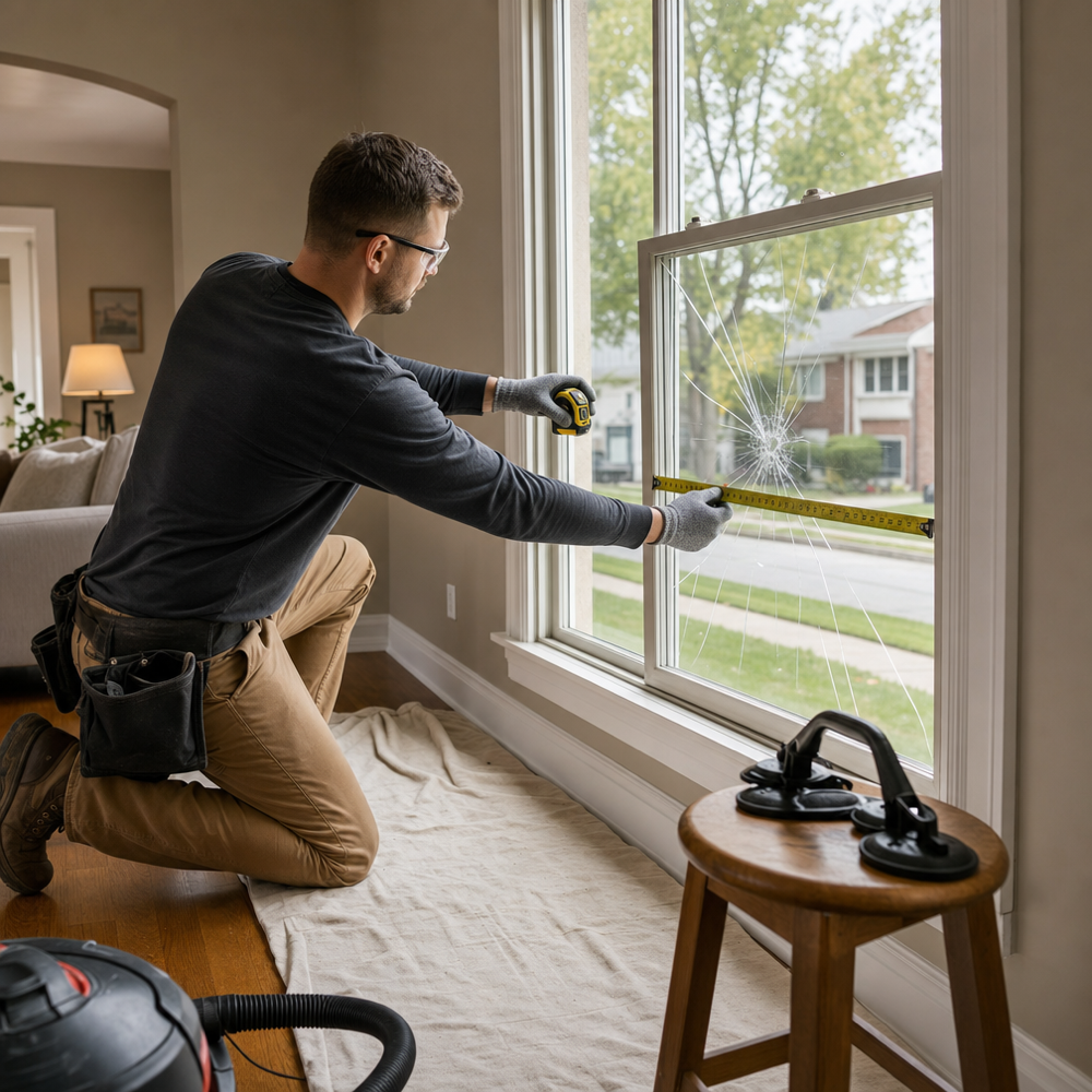 Technician measuring a cracked double‑pane window in a St. Louis living room with safety gloves, glasses, and floor protection