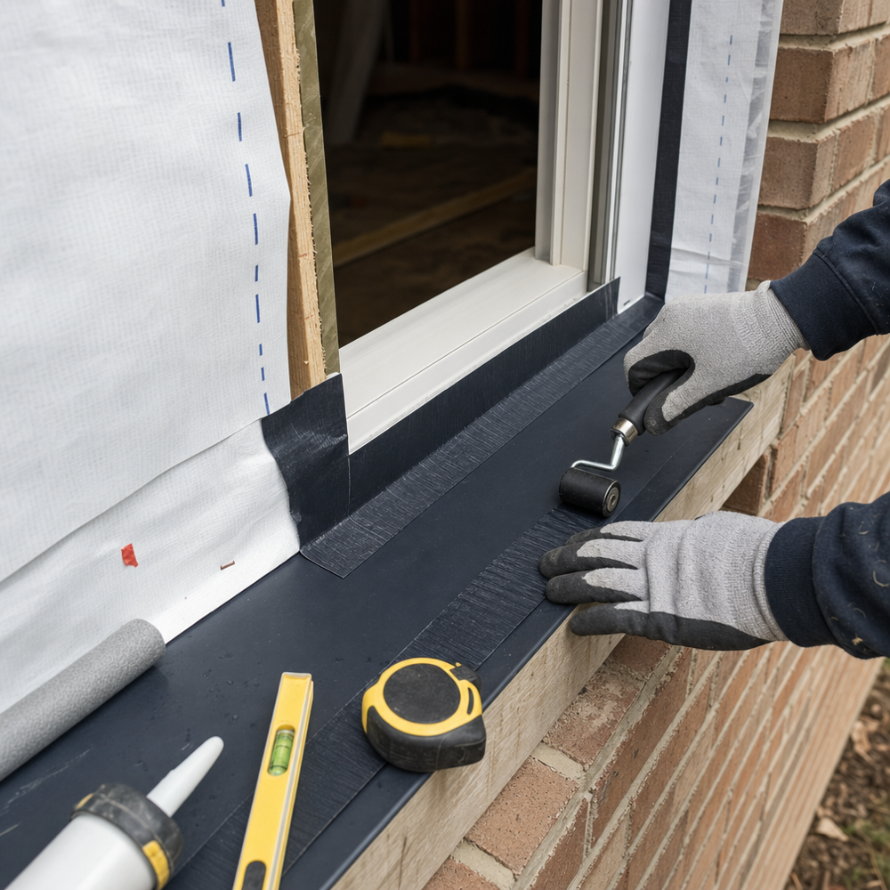 Installer pressing flashing tape onto a sloped sill pan with back dam in a brick veneer window opening to prevent leaks