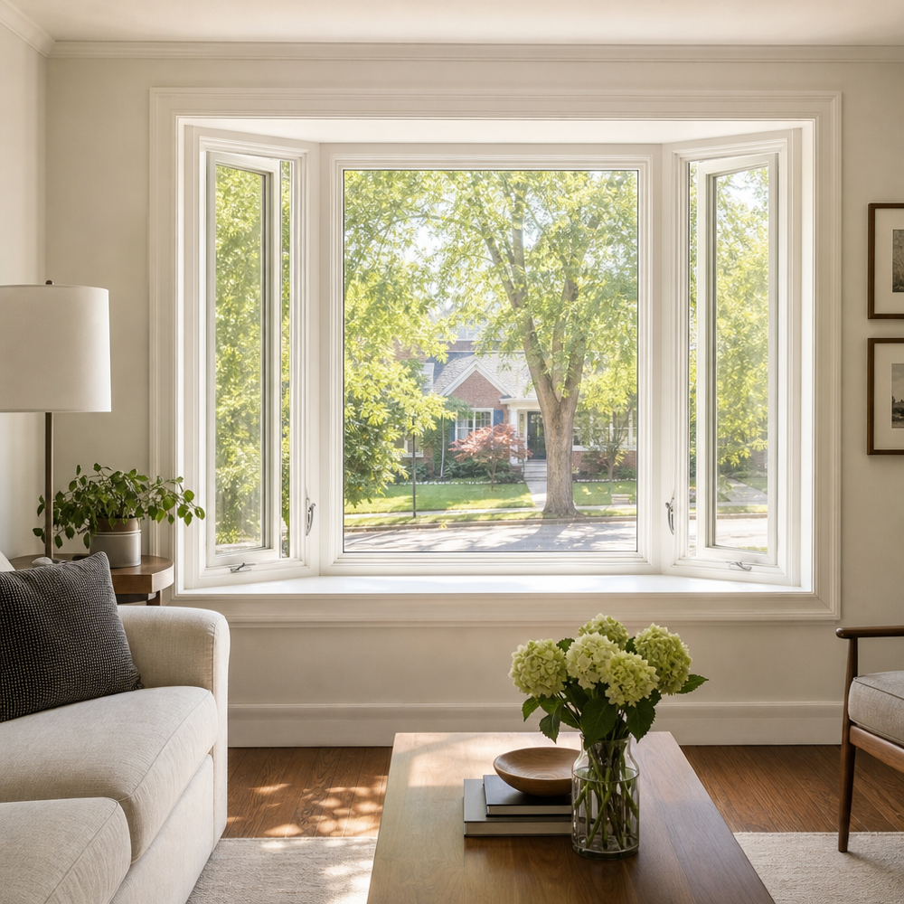 Three‑lite bay window with a center picture unit and side casements in a St. Louis living room, white interior trim and fold‑away casement cranks
