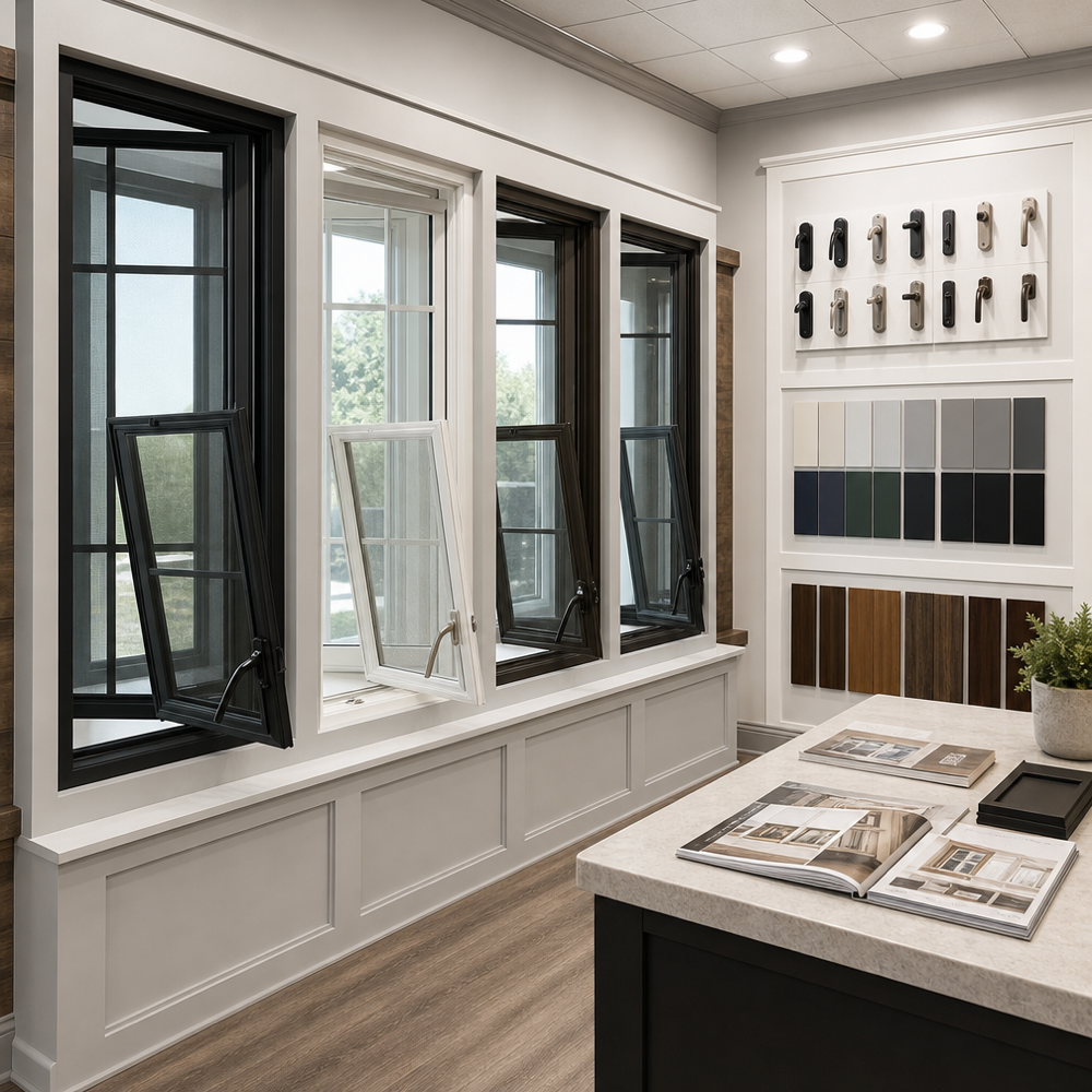 Showroom display of casement windows with hardware finish and color samples at a St. Louis window and door dealer
