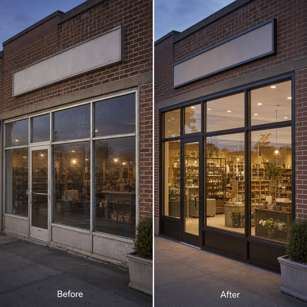 Before-and-after storefront: older single‑pane aluminum windows replaced with new thermally broken frames and insulated low‑E glass on a neighborhood retail bay.