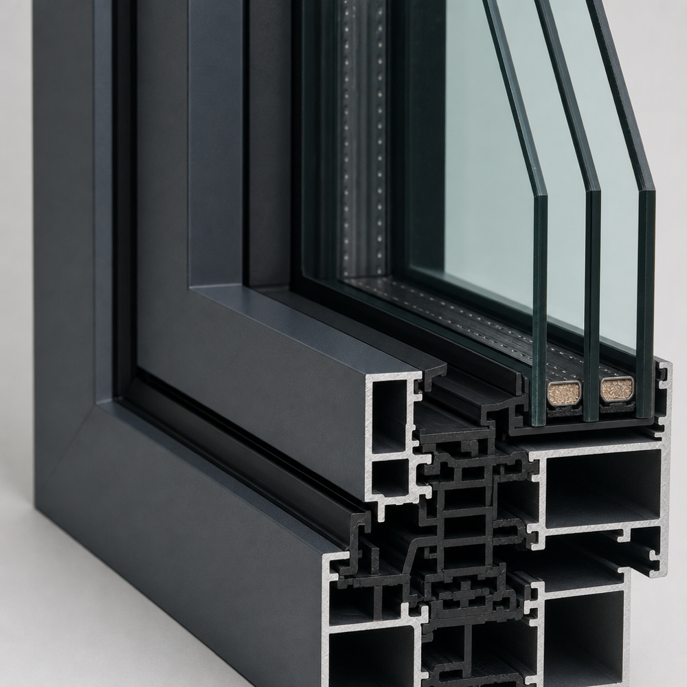 Close-up of a thermally broken aluminum window frame corner showing the black polyamide thermal break and warm‑edge spacer on the insulated glass.