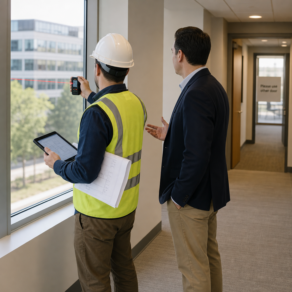 Commercial estimator and property manager reviewing window plans during a site walk, with a laser measurer aimed at a window opening in an occupied office corridor.
