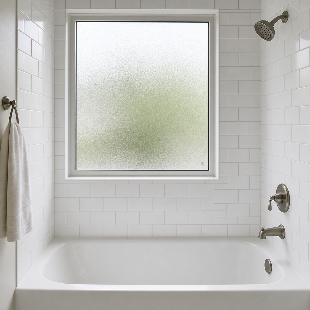 Bathroom window with obscure tempered glass above a bathtub showing the etched safety stamp in the corner