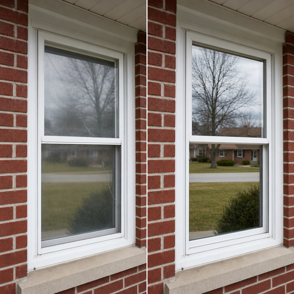 Before-and-after comparison of a cracked double-hung window repaired with a new insulated glass unit