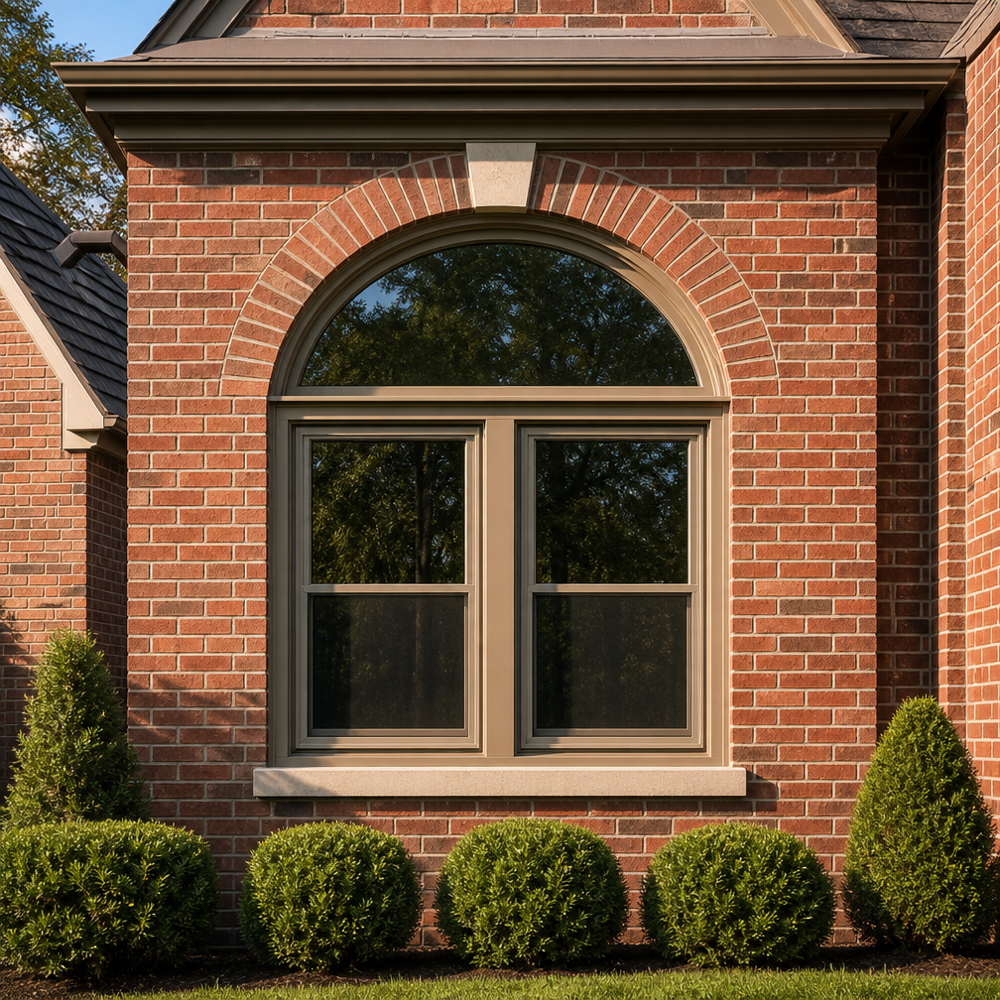 Half-round arch window over two double-hung windows on a brick home, clay finish, St. Louis