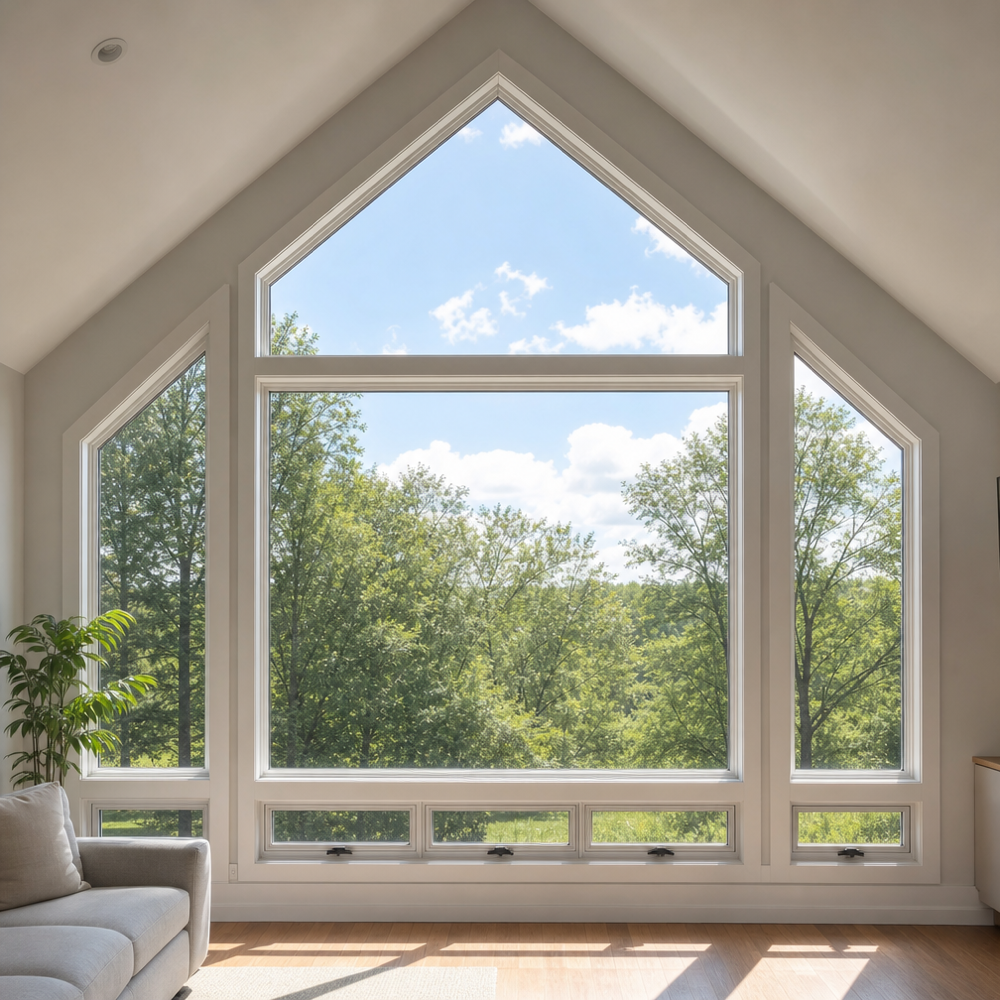Triangle gable window over picture window with trapezoids and awnings below in a vaulted living room