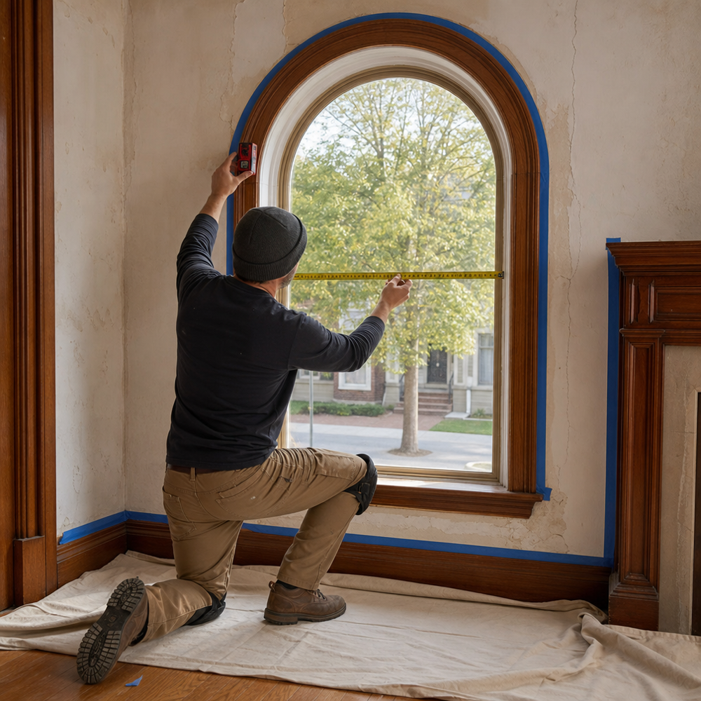 Installer measuring an arched window opening with a laser measure and tape, drop cloths in place