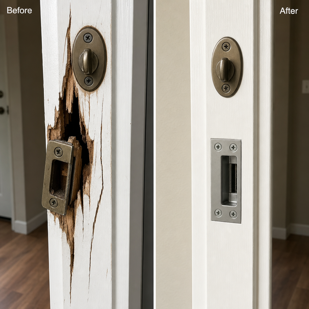Before-and-after of a kicked-in latch-side door jamb repaired with a steel strike reinforcement sleeve and longer screws.