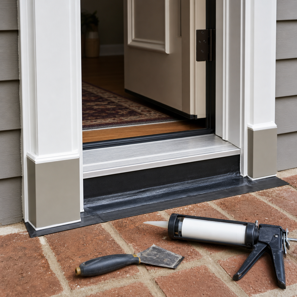 Rot repair at the bottom of a door jamb with composite jamb section, PVC brickmould, and sill pan flashing tape installed.