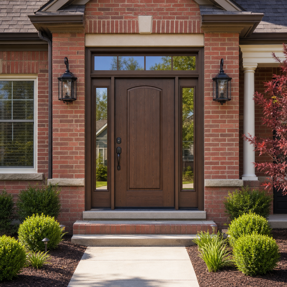 Fiberglass entry door with sidelights and transom on a red brick St. Louis home after professional installation