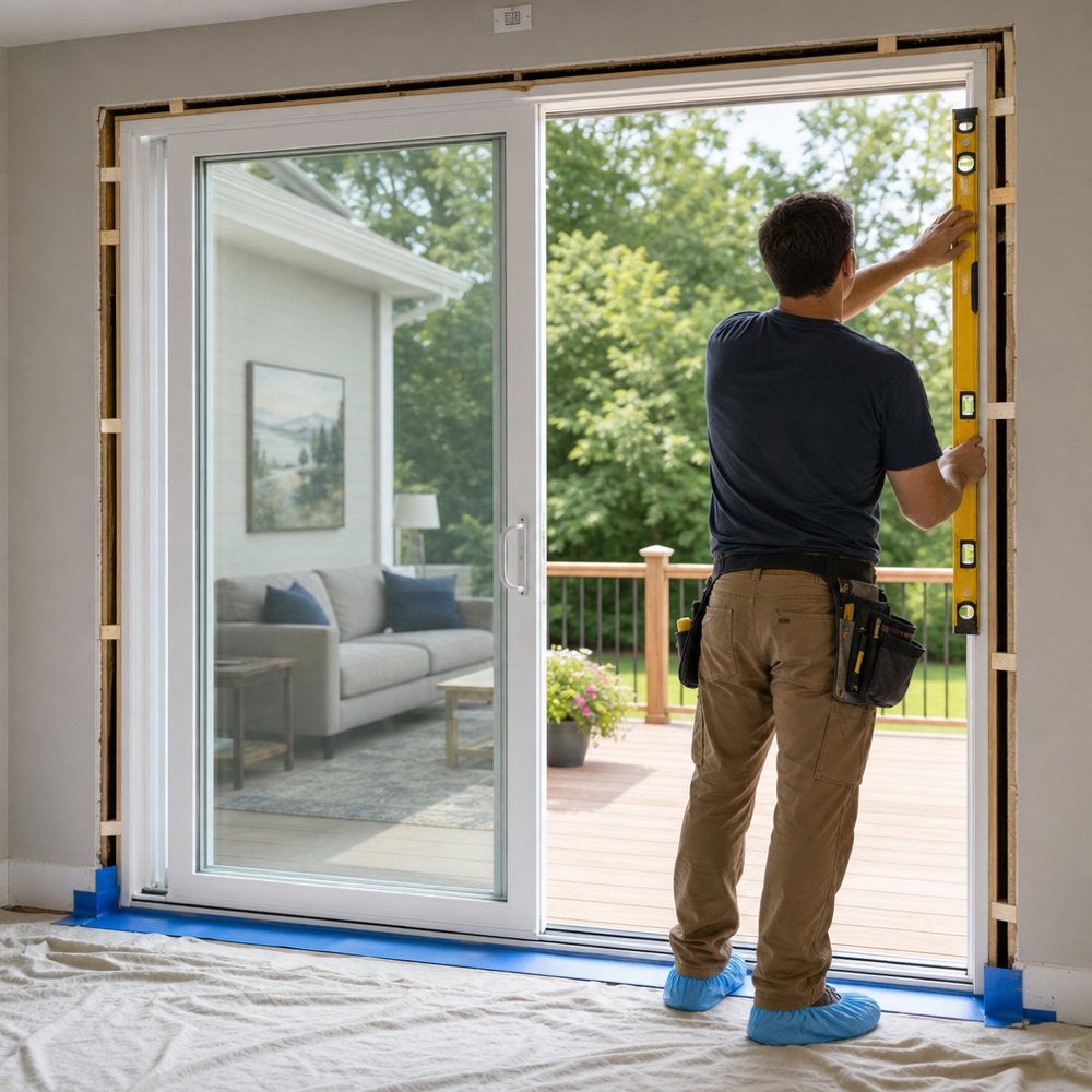 Installer leveling a two-panel sliding glass patio door over blue sill pan flashing with floor protection in place