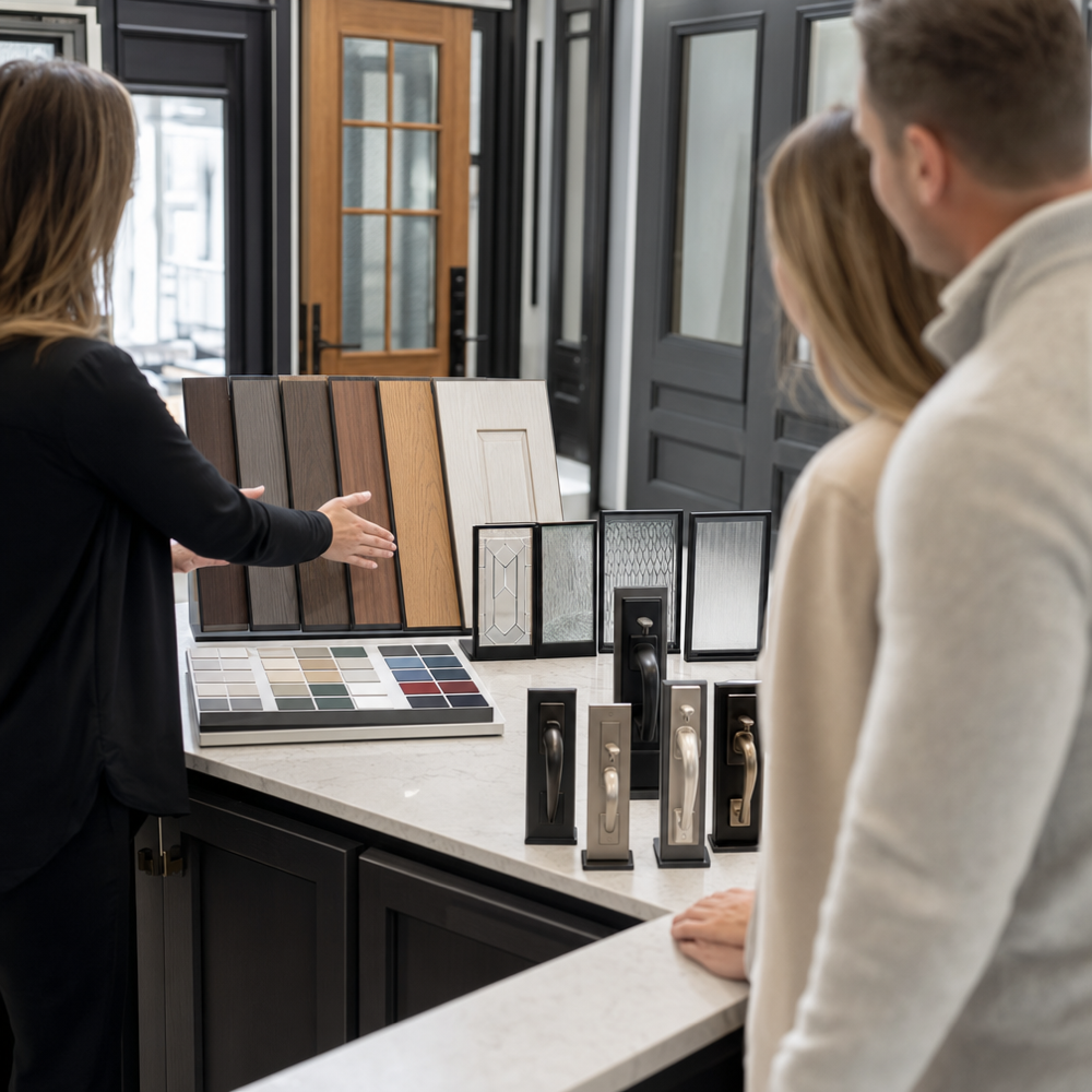 Homeowners reviewing door finish samples, glass textures, and handlesets with a consultant in a bright showroom