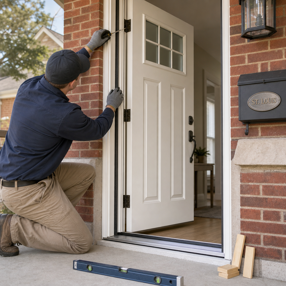 Door repair technician realigning an entry door hinge and strike plate on a brick St. Louis home