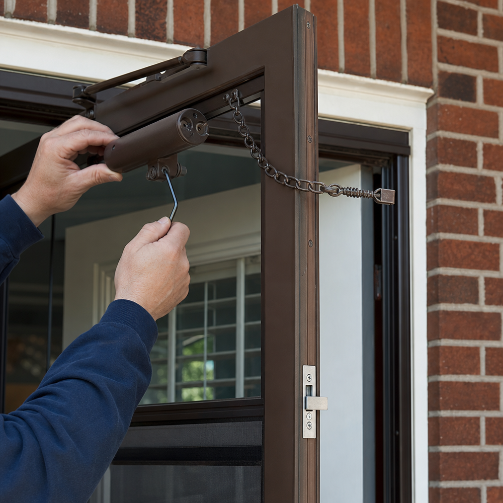 Adjusting the hydraulic closer and latch on a steel storm door to prevent slamming and improve catch