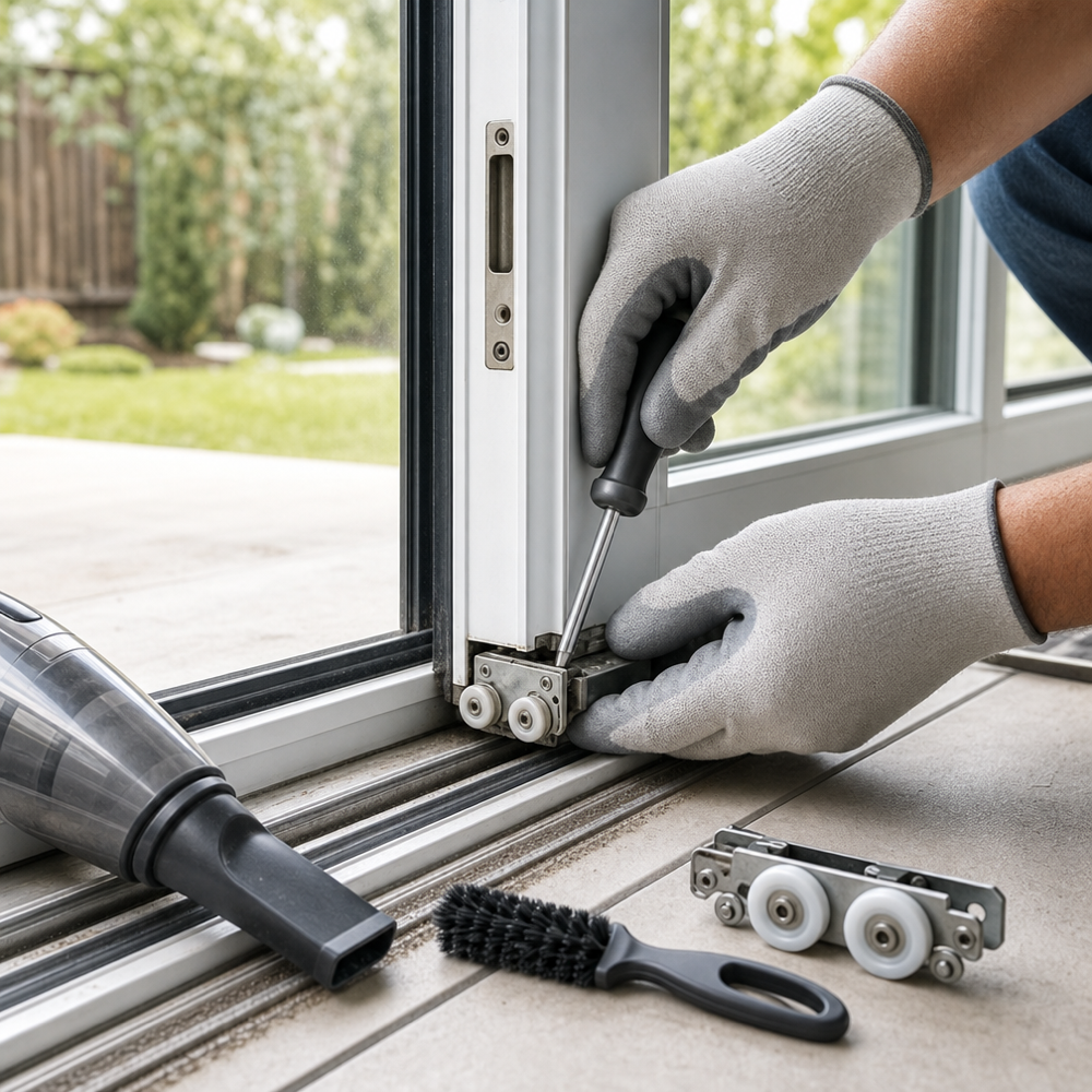 Close-up of sliding glass door roller replacement and track cleaning with new tandem rollers