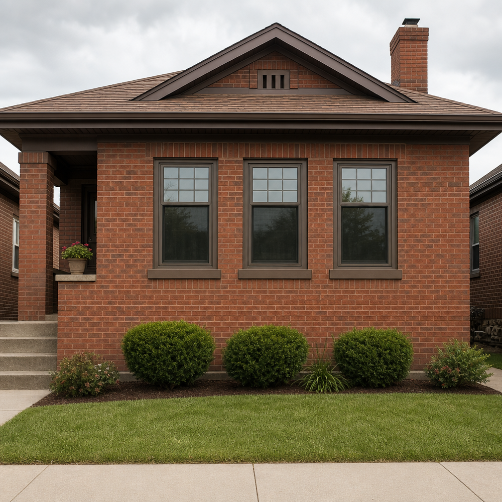 Exterior of St. Louis red-brick bungalow with three bronze double-hung vinyl windows featuring colonial grids after professional installation