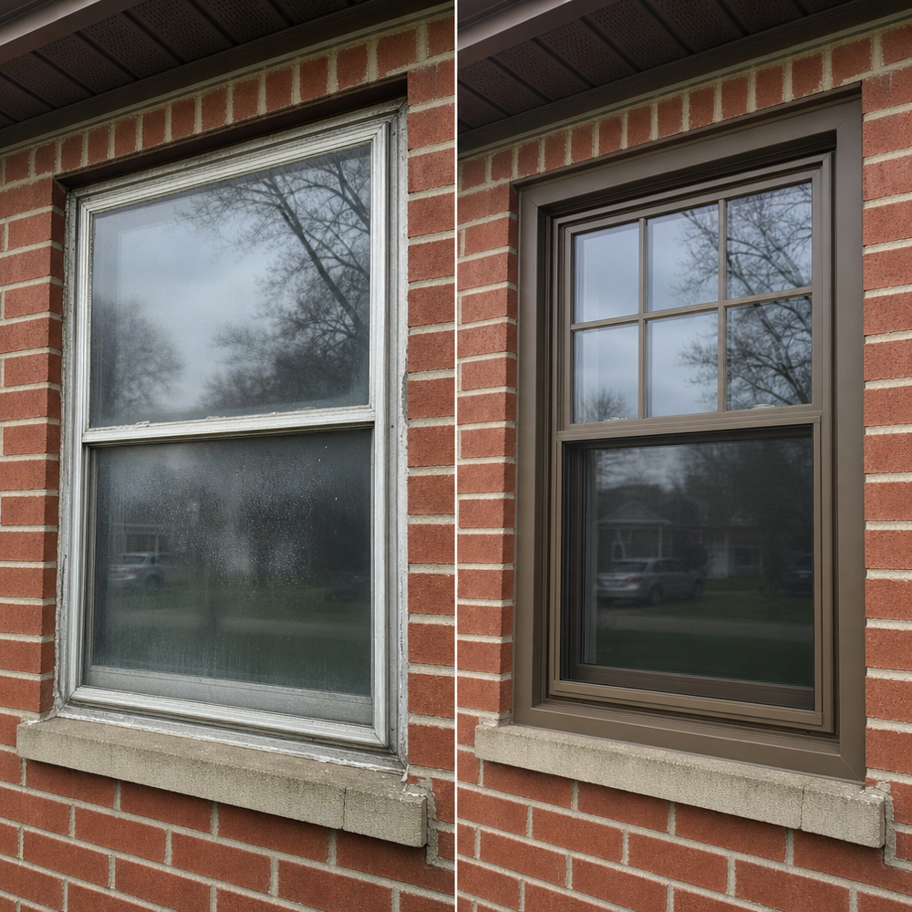 Before-and-after comparison of a brick bungalow window, showing old aluminum single-pane replaced with new bronze double-hung vinyl window with colonial grids
