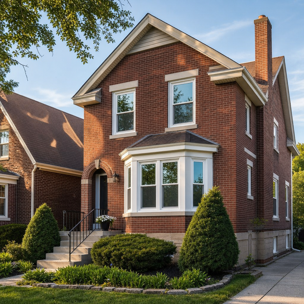 Exterior of a St. Louis brick home with energy‑efficient white vinyl double‑hung and bay windows featuring Low‑E glass
