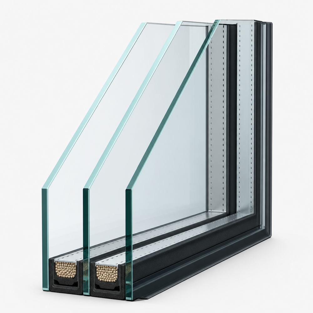 3D cutaway of a triple‑pane Low‑E insulated glass unit with argon gas and a warm‑edge spacer