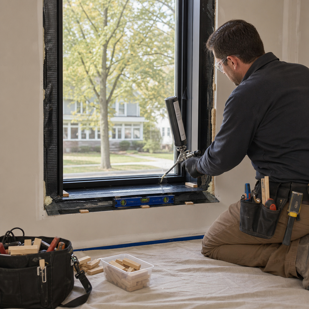 Professional window installer applying flashing tape and low‑expansion foam around a replacement window opening with floor protection in place