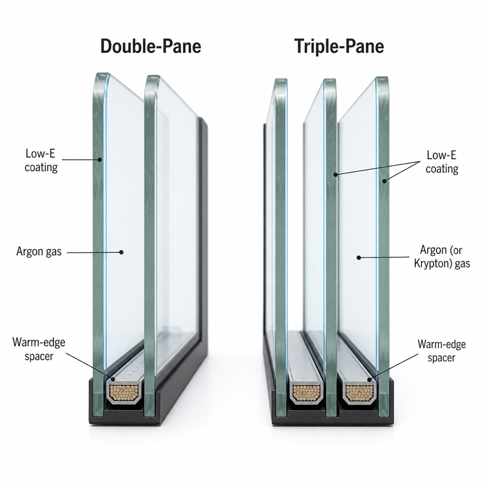 Cutaway comparison of double-pane and triple-pane insulated glass units with Low-E coatings, argon gas, and warm-edge spacers