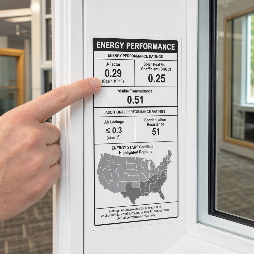 Close‑up of a window NFRC‑style rating label on a white vinyl frame showing U‑Factor, SHGC, and VT fields
