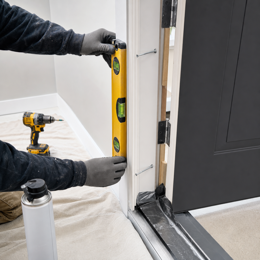 Installer setting a prehung entry door on a sill pan with shims and level