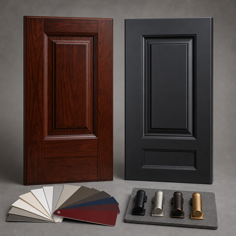Side‑by‑side fiberglass wood‑grain and smooth steel entry door panels with finish samples