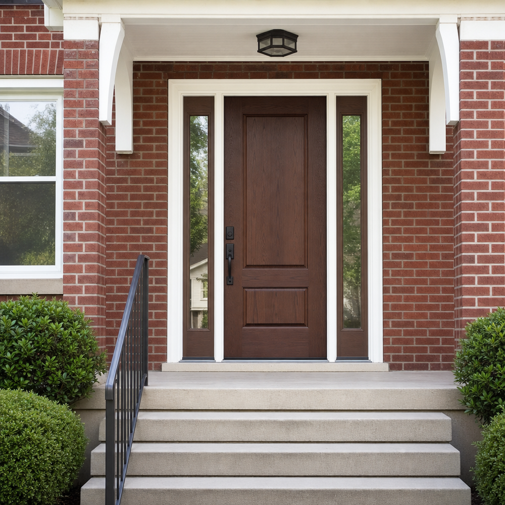 Fiberglass woodgrain front door with matching sidelites installed on a red brick St. Louis bungalow, matte black handleset and clean exterior trim.