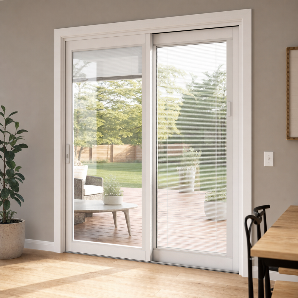 White sliding glass patio door with Low-E glass and blinds-between-glass opening to a backyard deck, clean interior trim and threshold.