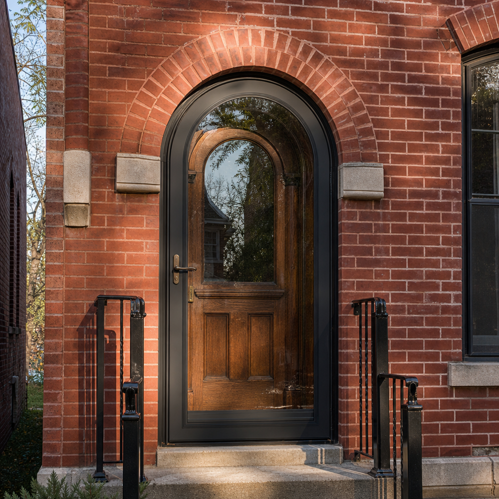 Black round-top steel storm door with full-view glass perfectly fitted to an arched red brick entry, showing the wood entry door behind it.