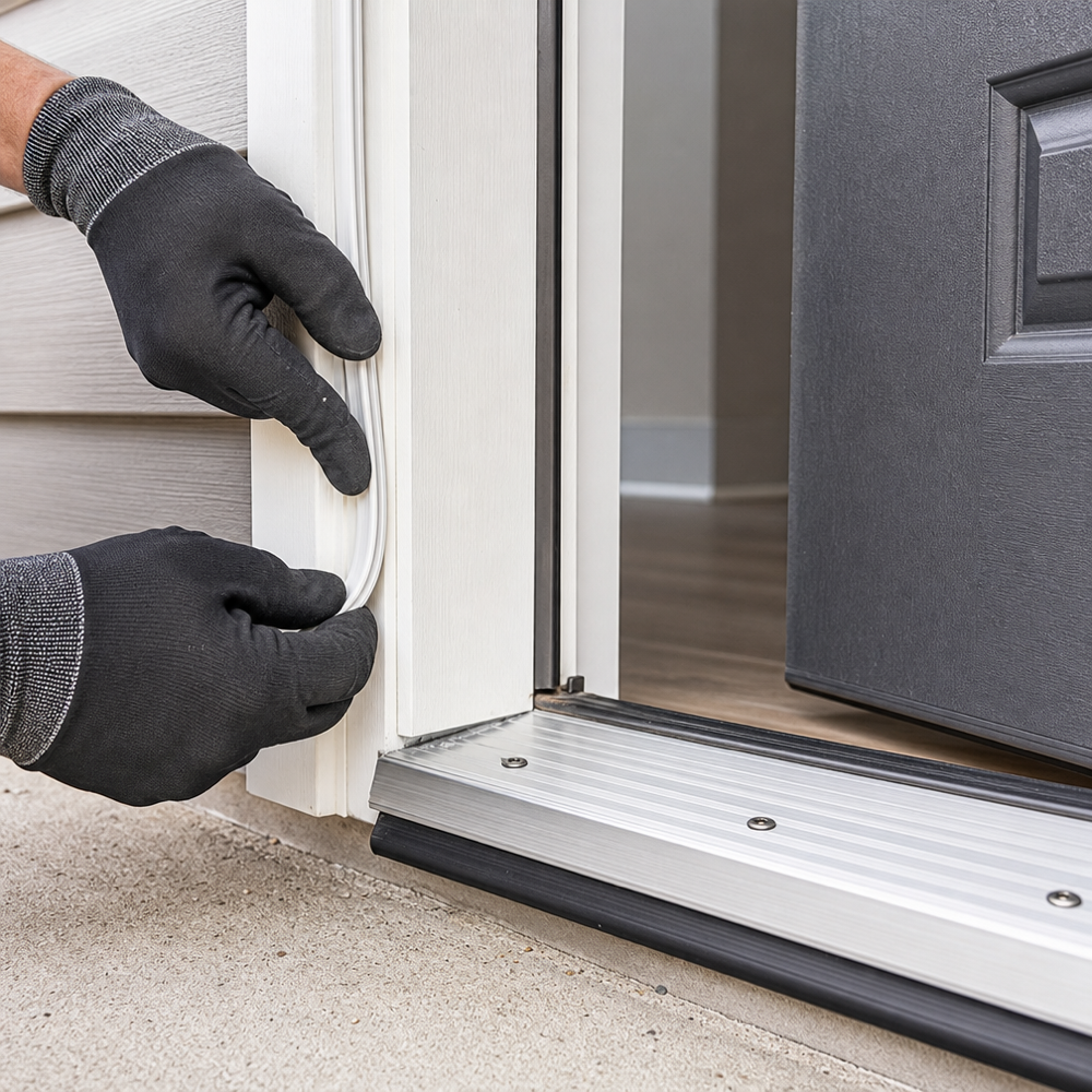 Close-up of new kerf-in weatherstripping and adjustable threshold installation on an exterior door to stop drafts